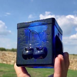 Vtg Cobalt Blue Pressed Glass Relief Fruit Faced Cube Votive Candle Holder